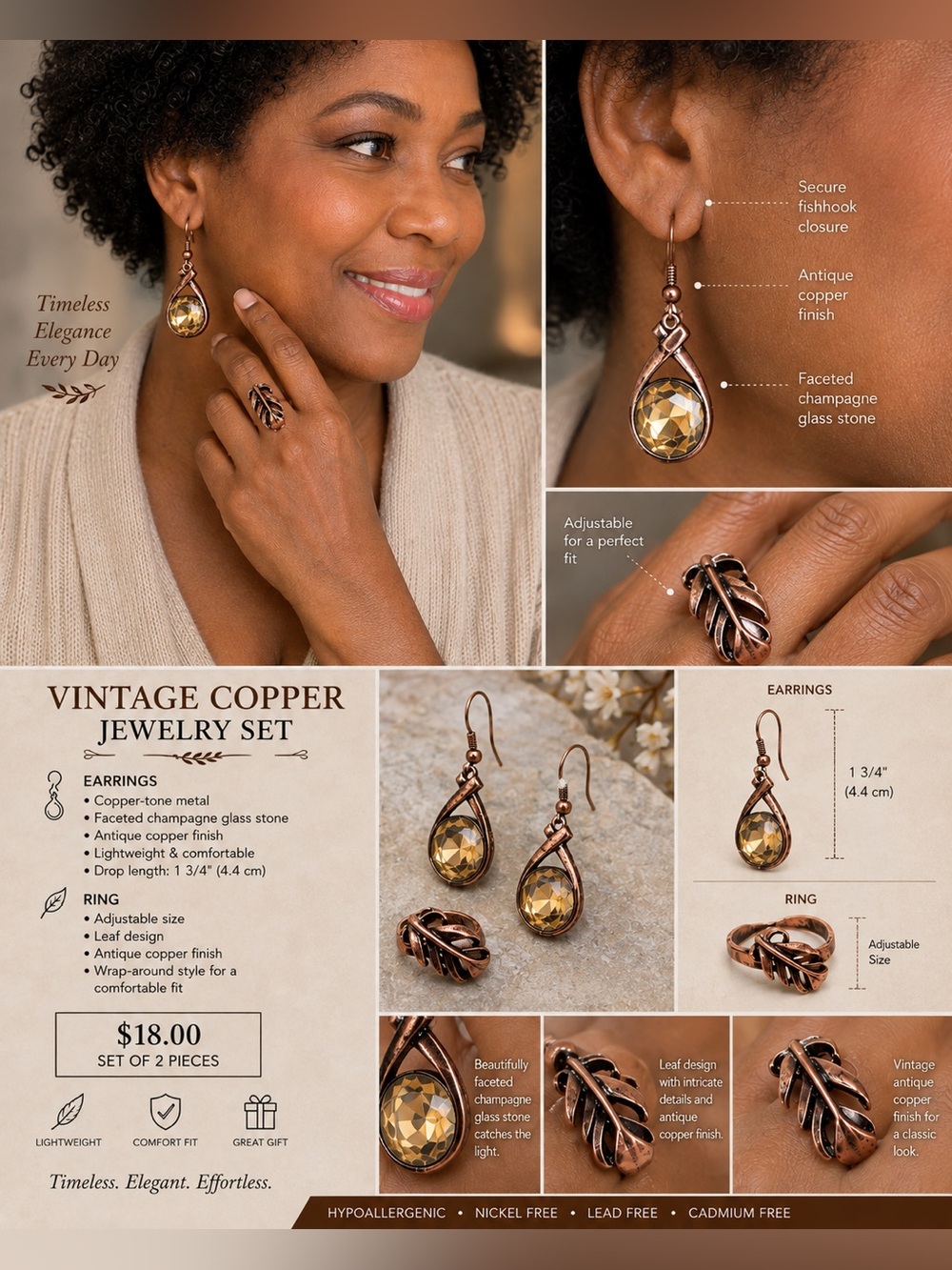 Vintage Copper Teardrop Earrings & Ring Set - Champagne Glass Stone